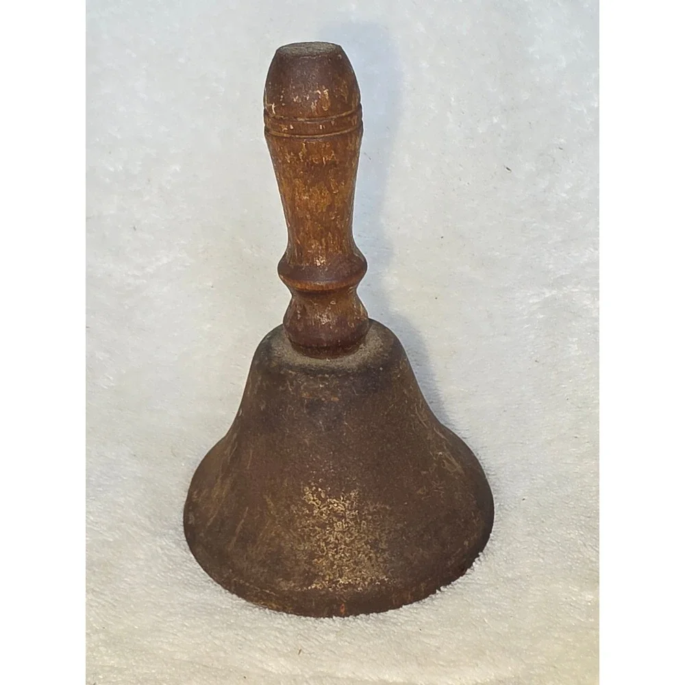 Vintage Antique Hand Bell Cast Iron Schoolhouse Dinner Bell Wood Handle Rustic
